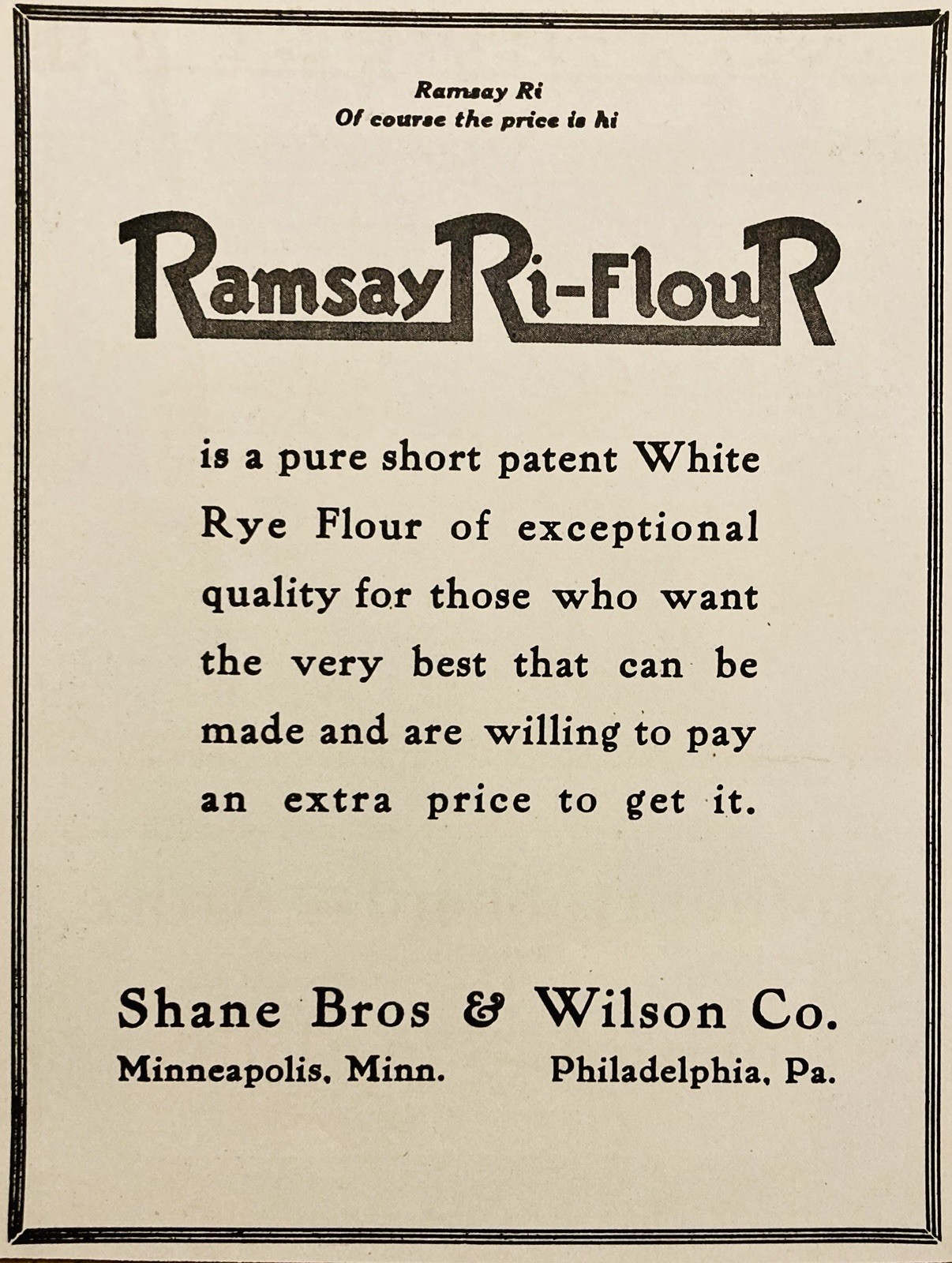 1919 AD.(PC9)~SHANE BROS. & WILSON CO. MINNEAPOLIS, MINN. RAMSEY RI-FLOUR