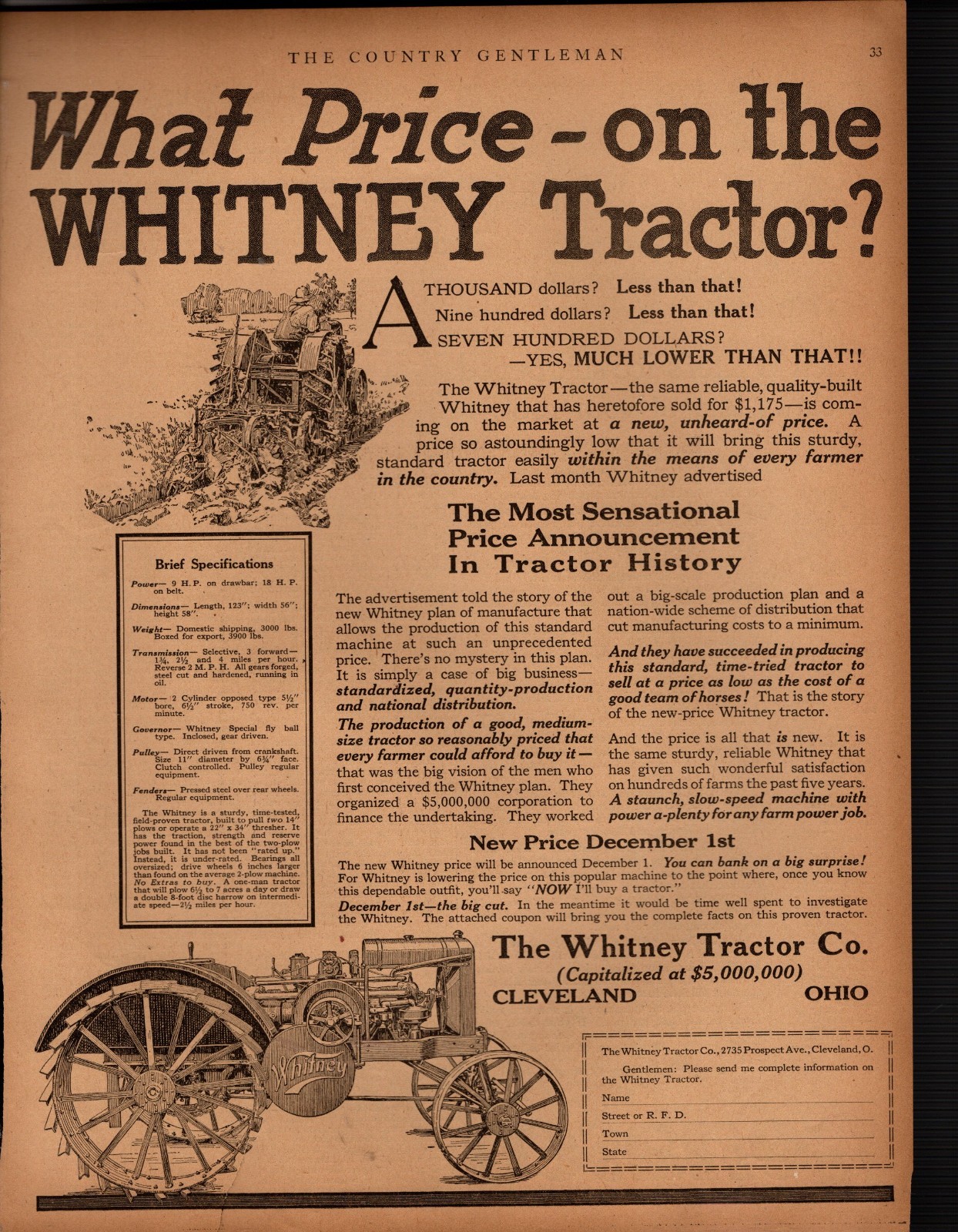 1921 Whitney original Tractor ad – Scarce