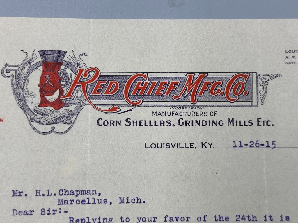 1915 RED CHIEF MILL Corn Sheller FARM Advertising Antique Letter LOUISVILLE KY