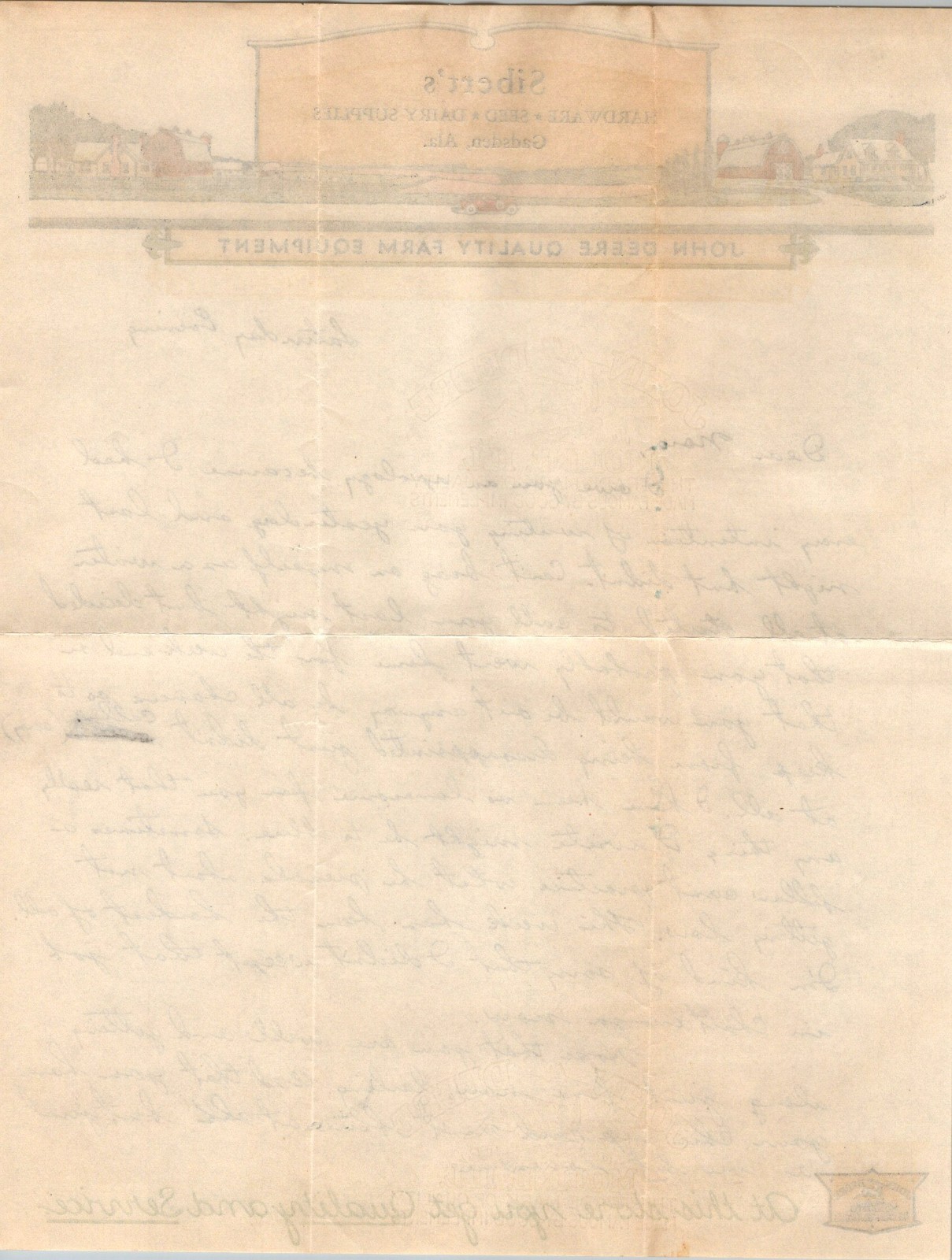 1936 John Deere Farm Equipment Sibert’s Hardware Gadsden Al Letterhead & Cover