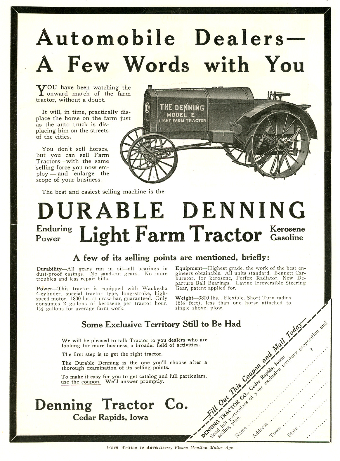 1916 Original Durable Denning Light Farm Tractor Ad. Gas/Kero Cedar Rapids, Iowa