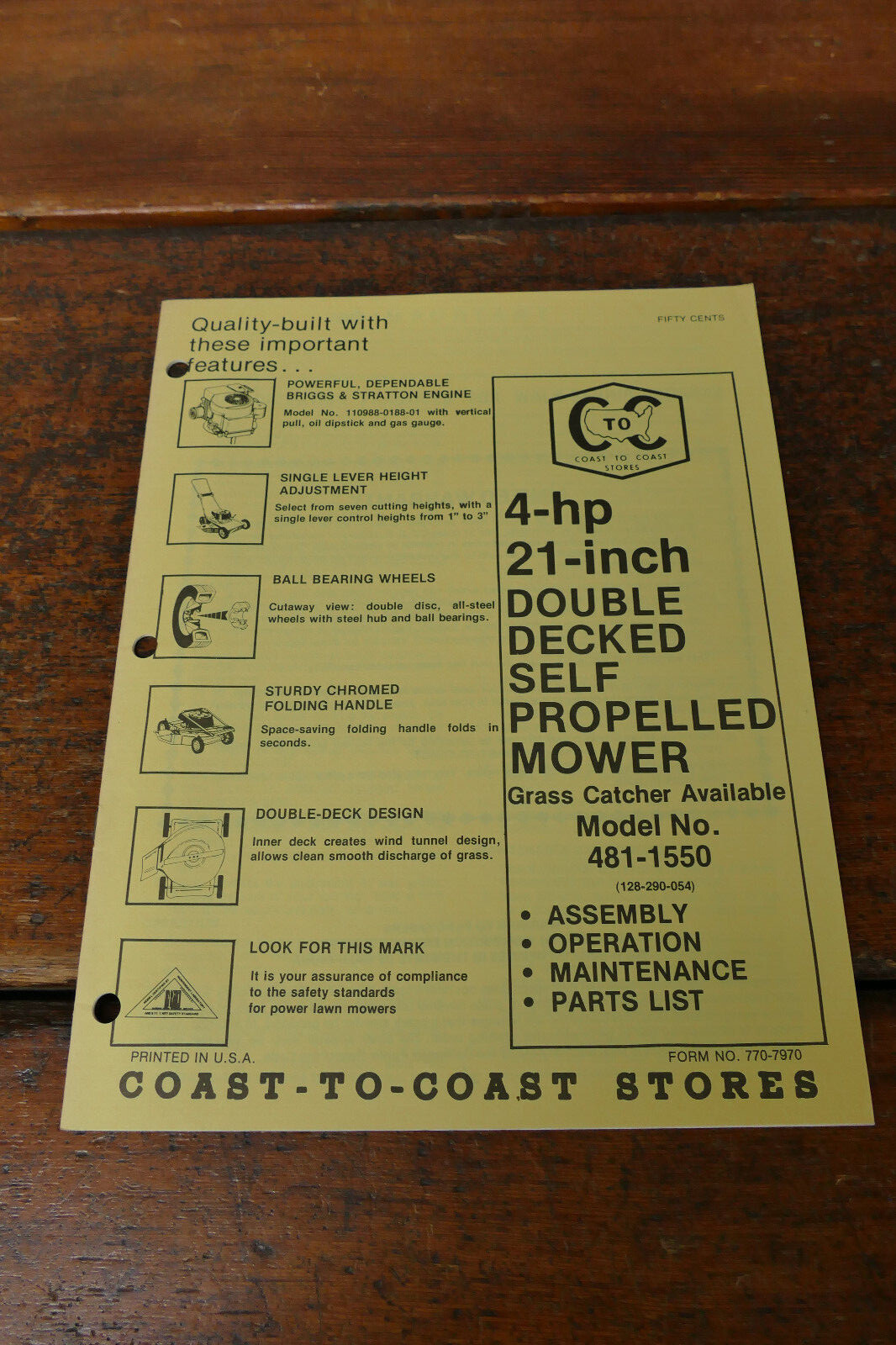 1980s Coast to Coast Owner’s Manual 4HP 21” Self Propelled Lawn Mower 481-1550