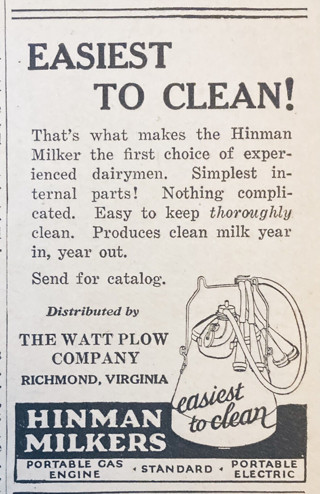 1928 AD.(XH28)~HINMAN MILKERS SOLD AT WATT PLOW CO. RICHMOND, VA.