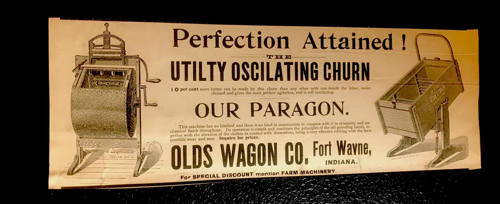 1893 Olds Wagon Co Churn Farm Engraving Advertising – Fort Wayne – Indiana