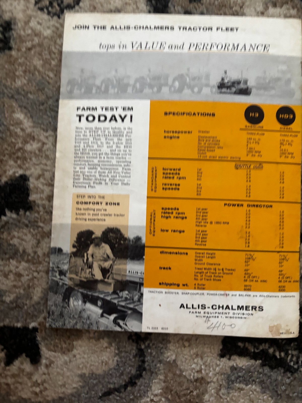 Allis Chalmers H3 HD3 Crawler Tractor For 1960 Brochure DCPA26