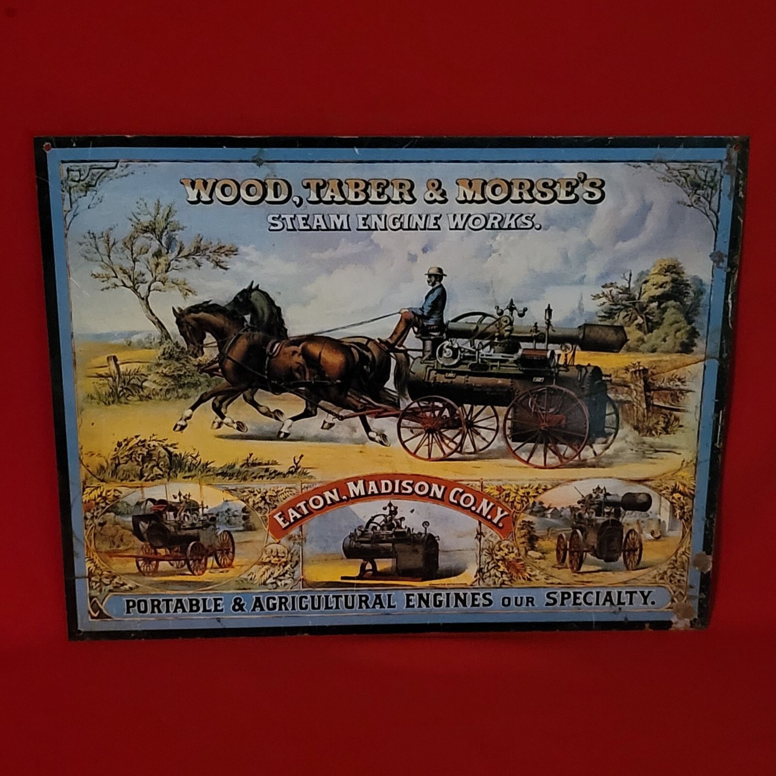 Vintage Repro Wood Taber & Morse’s Steam Engine Works Tin Sign Advertising