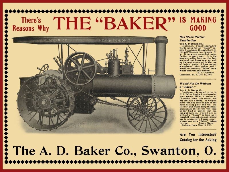 1906 A.D. Baker Steam Tractor of Swanton, OhiO NEW Metal Sign 24 x 30″ USA Steel