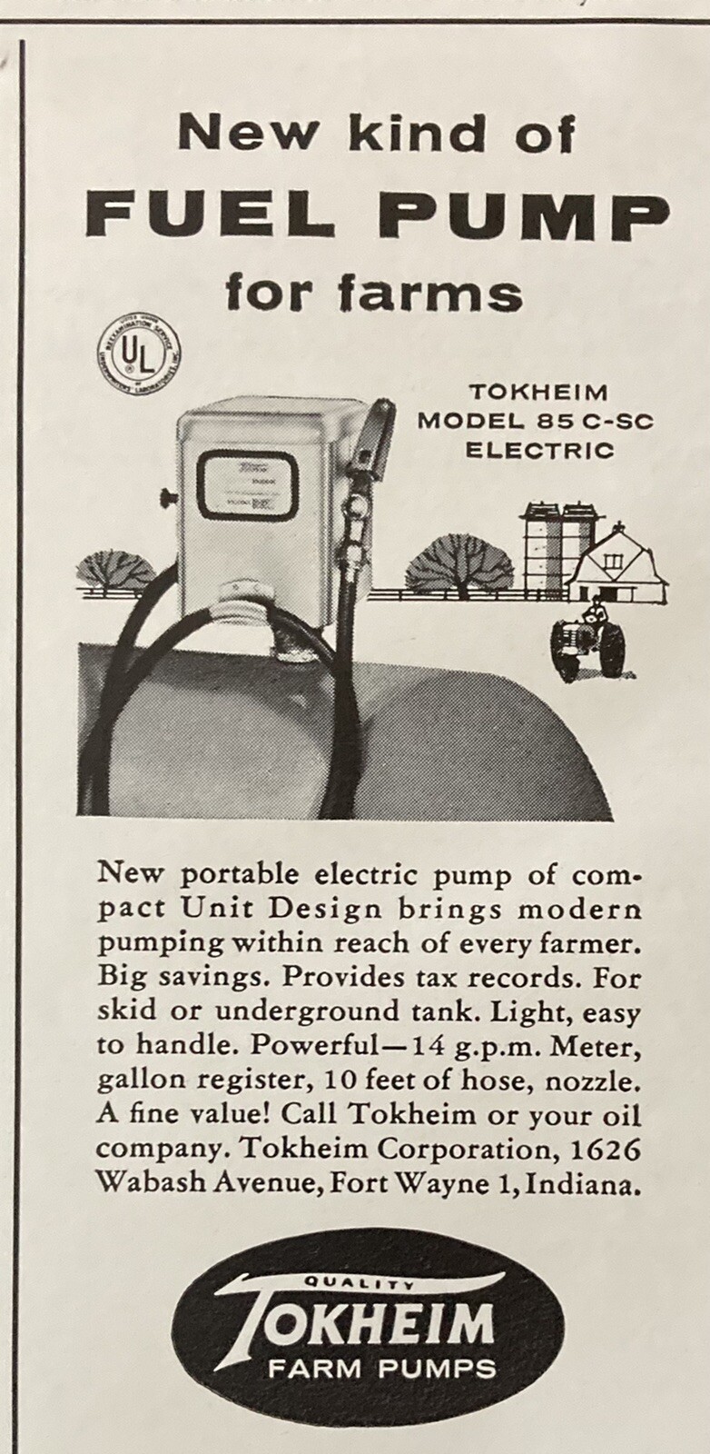 1962 AD.(XH20)~TOKHEIM CO. FORT WAYNE, IND. MODEL 85 C-SC ELECTRIC FUEL PUMP