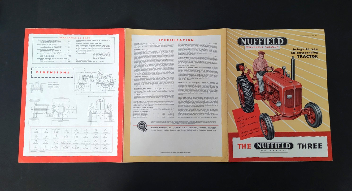 VINTAGE NUFFIELD THREE UNIVERSAL TRACTOR BROCHURE -POSTER 1950’s