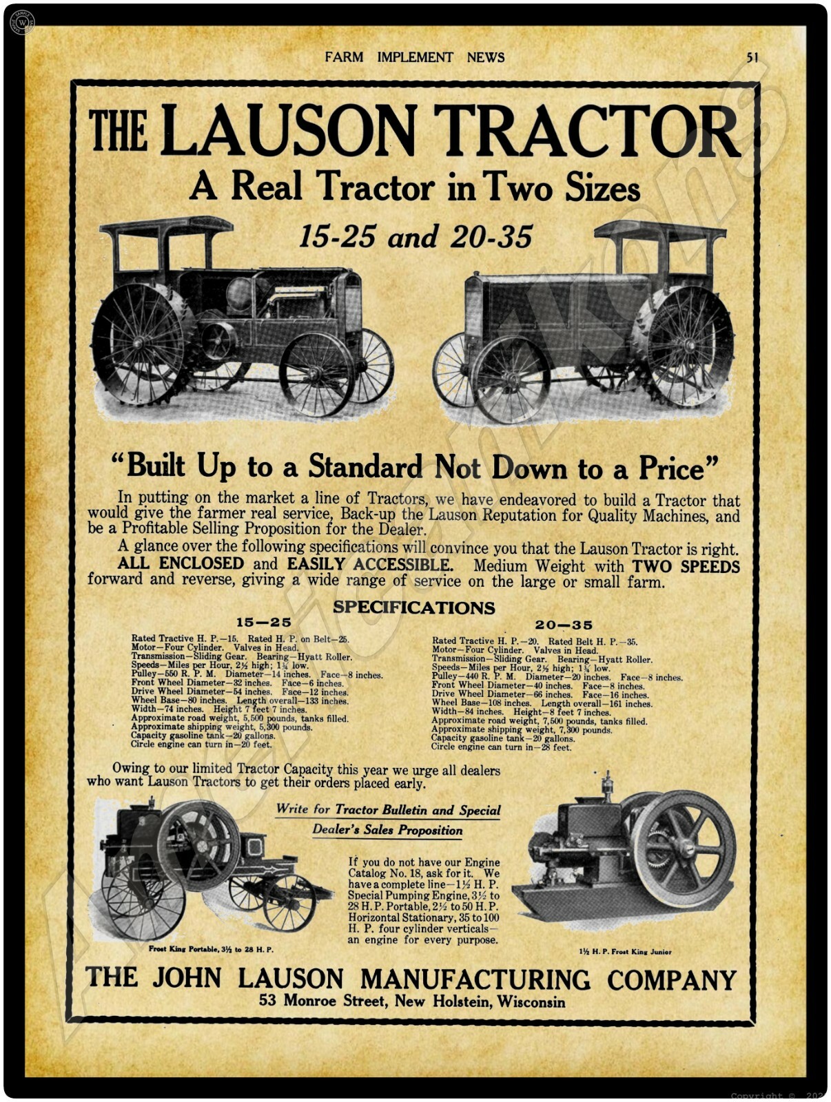 1916 Lauson Tractors & Gas Engines New Metal Sign: New Holstein, Wisconsin