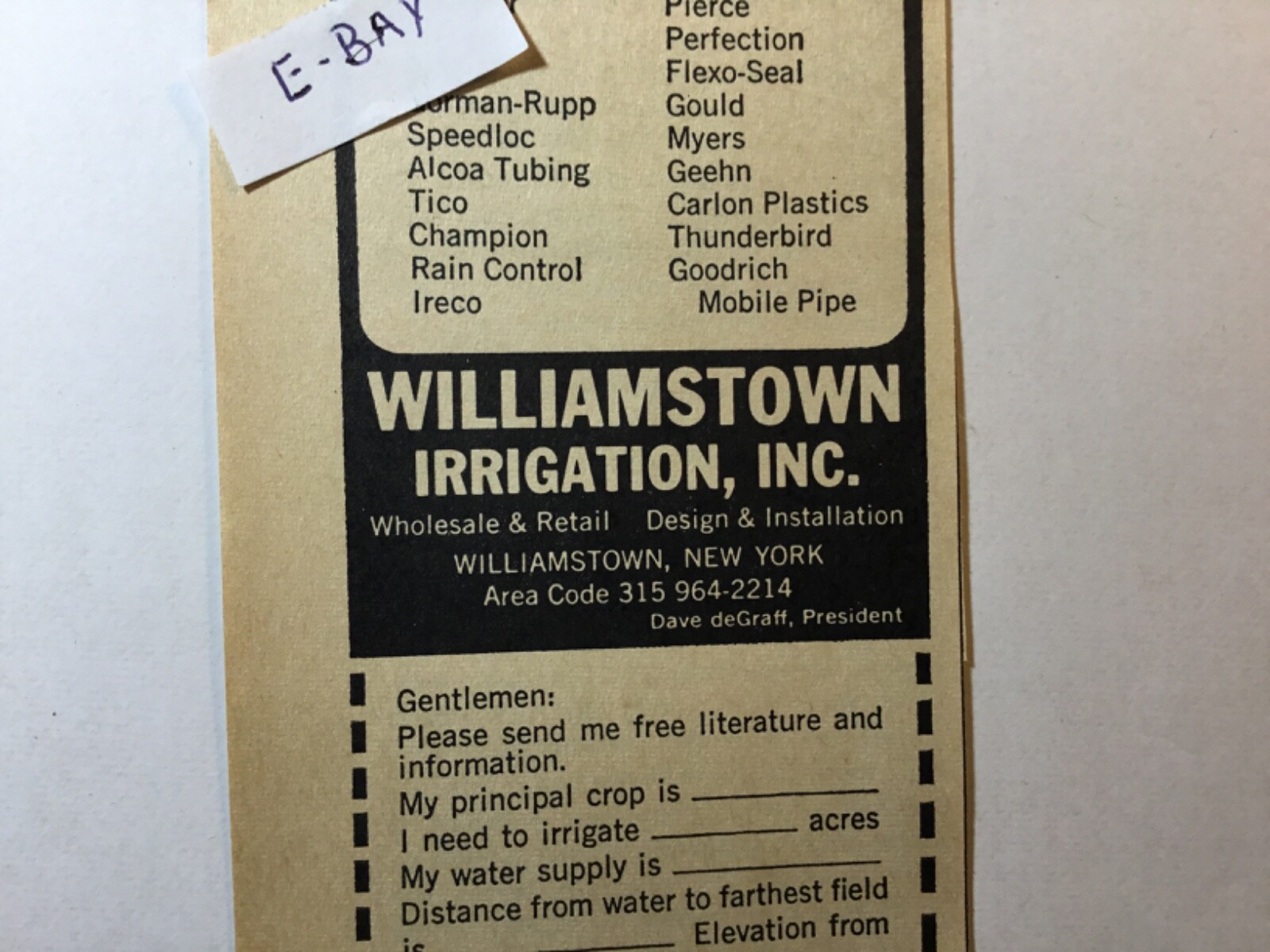 1968 Ad. Williamstown Irrigation Inc. Williamstown, NY. Dave DeGraff President