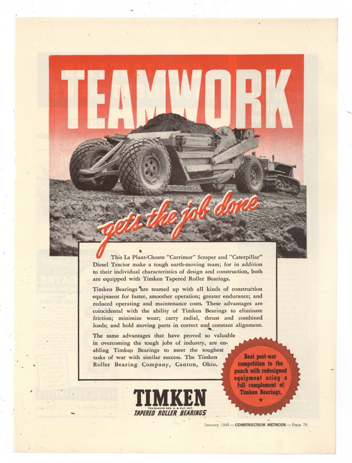 1944 Timken Bearing Ad: La Plant Choate Carrimor Scraper & Caterpillar Tractor