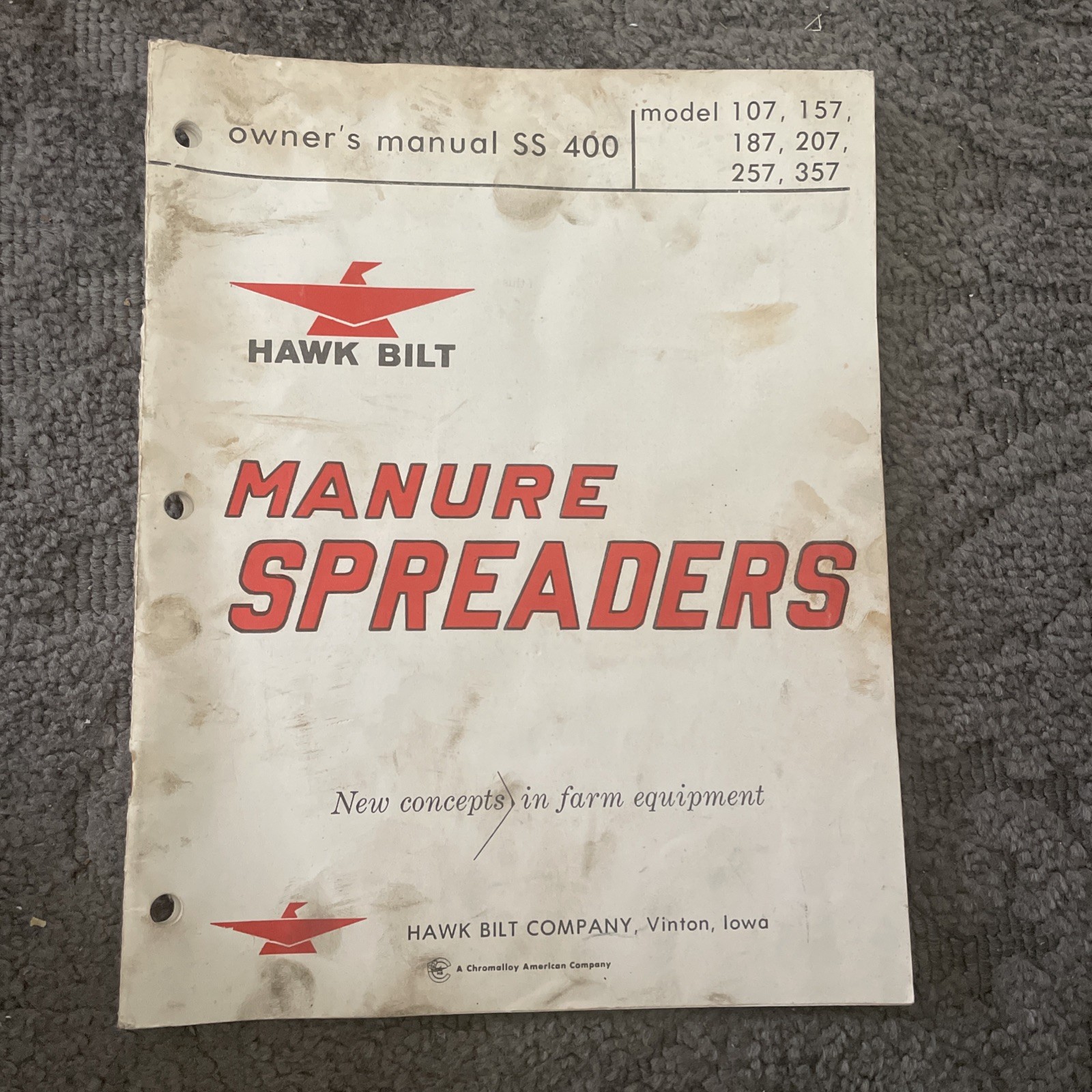 1975 Owner’s Manual HAWK BILT Manure Spreaders SS 400 Hawk Bilt Co Vinton Iowa