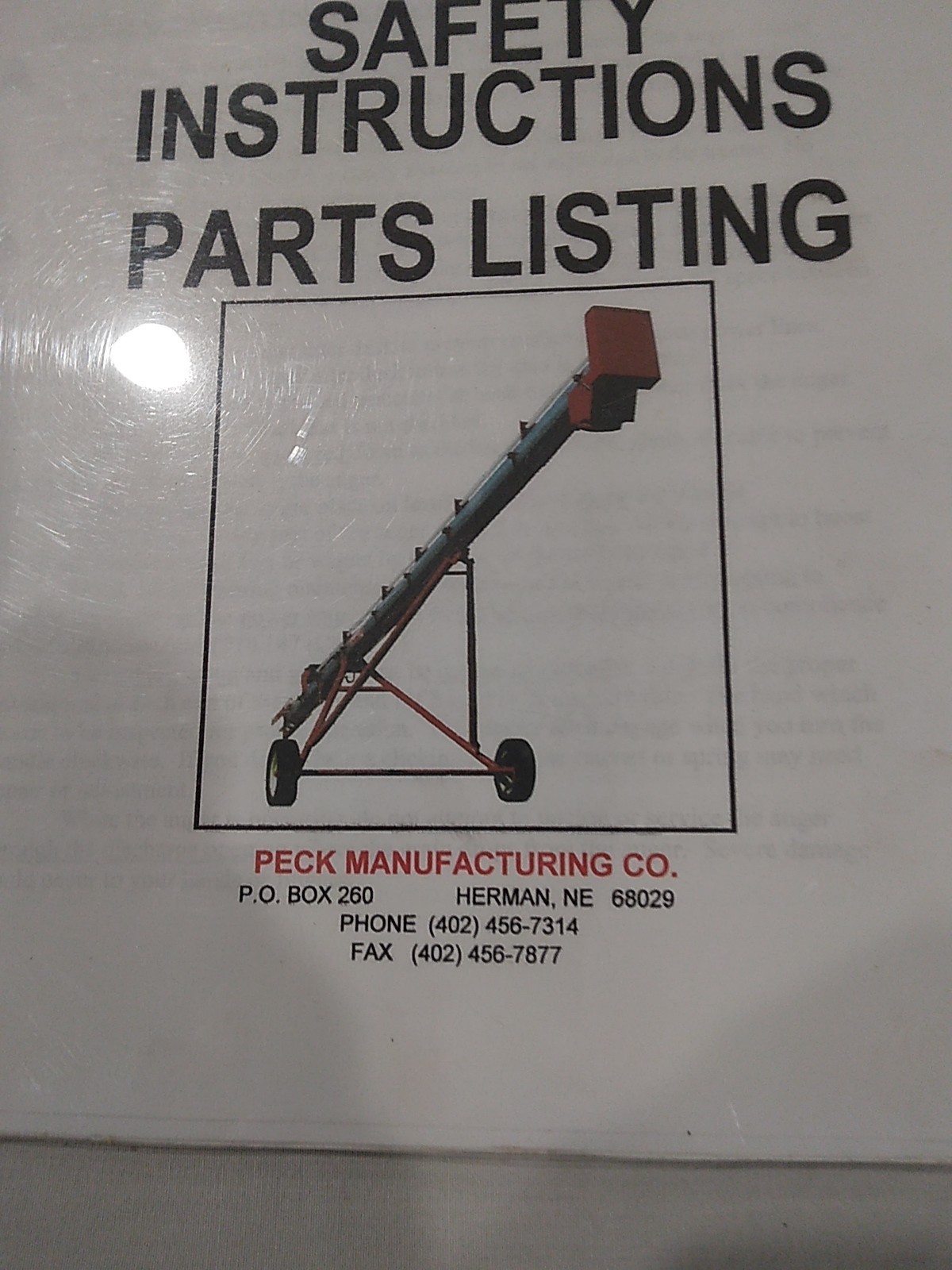 2096 Peck 802,803,804,1002,1003 & 1004 Grain Augers Owners Manual/Parts Listing