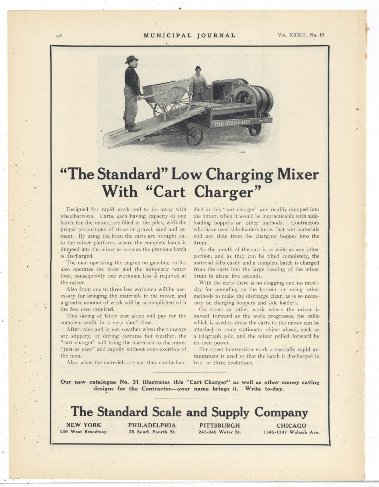 1912 Standard Scale & Supply Co. Ad: Low Charging Cement Mixer w Cart Charger