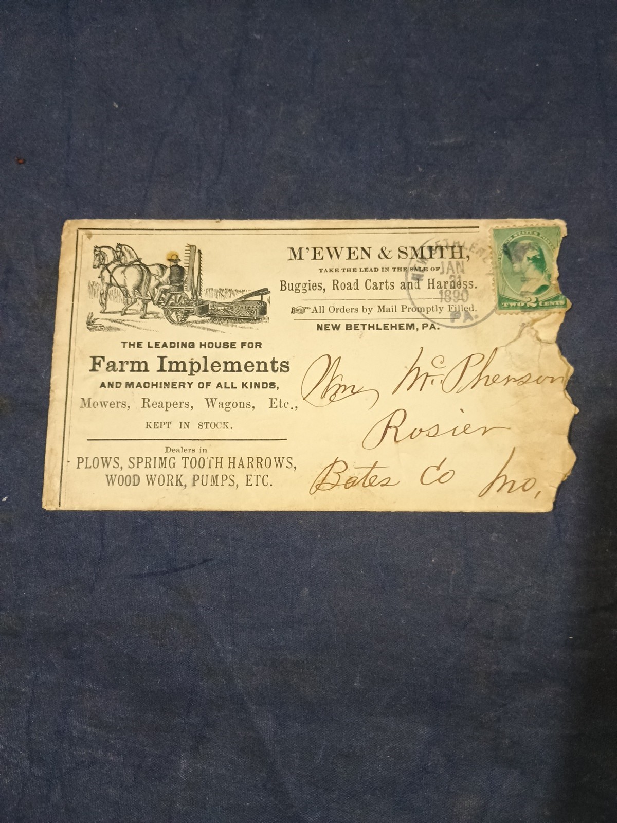 Vintage 1890 M’EMEN & SMITH Farm Implements,Letter & Envelope