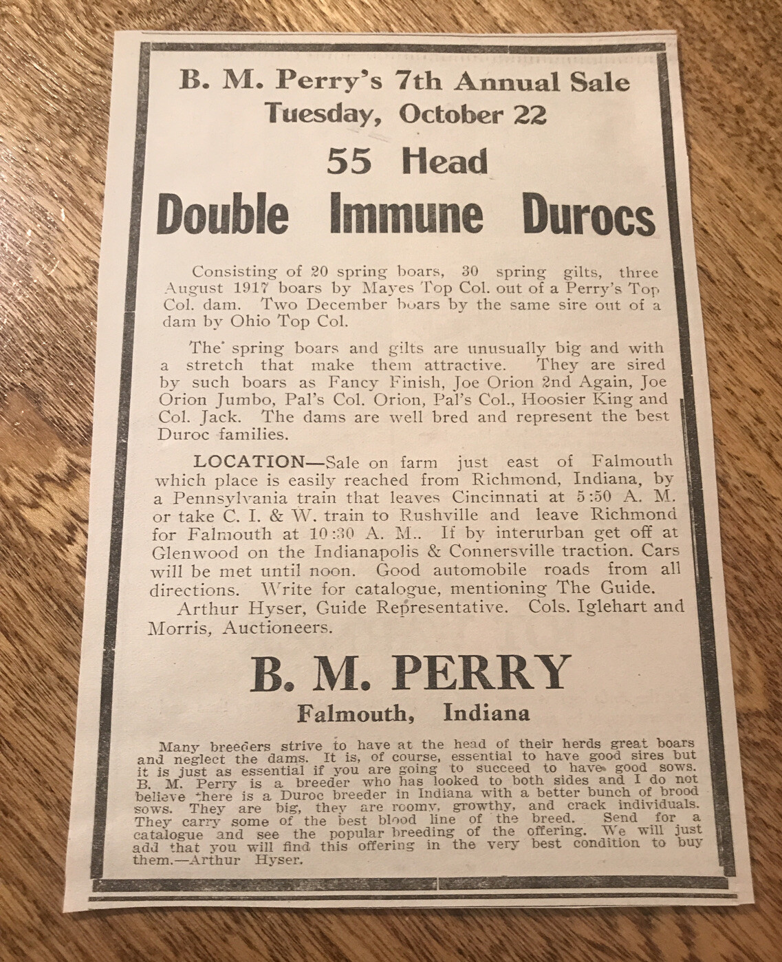 ORIGINAL 1918 Sow Public Sale – Falmouth – Indiana – Farm Advertising – Hog Pig