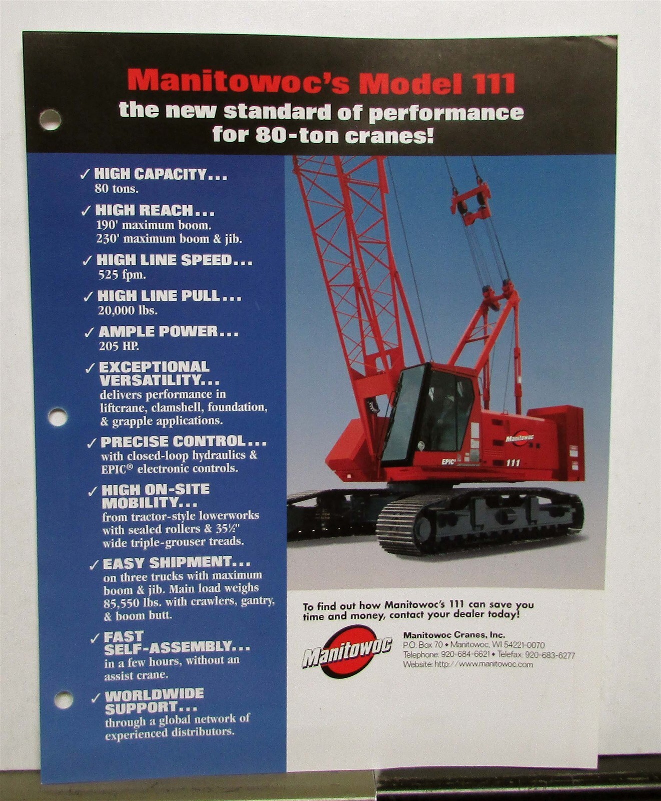 1999 Manitowoc 111 Crane 80 Ton Specifications Construction Sales Data Sheet