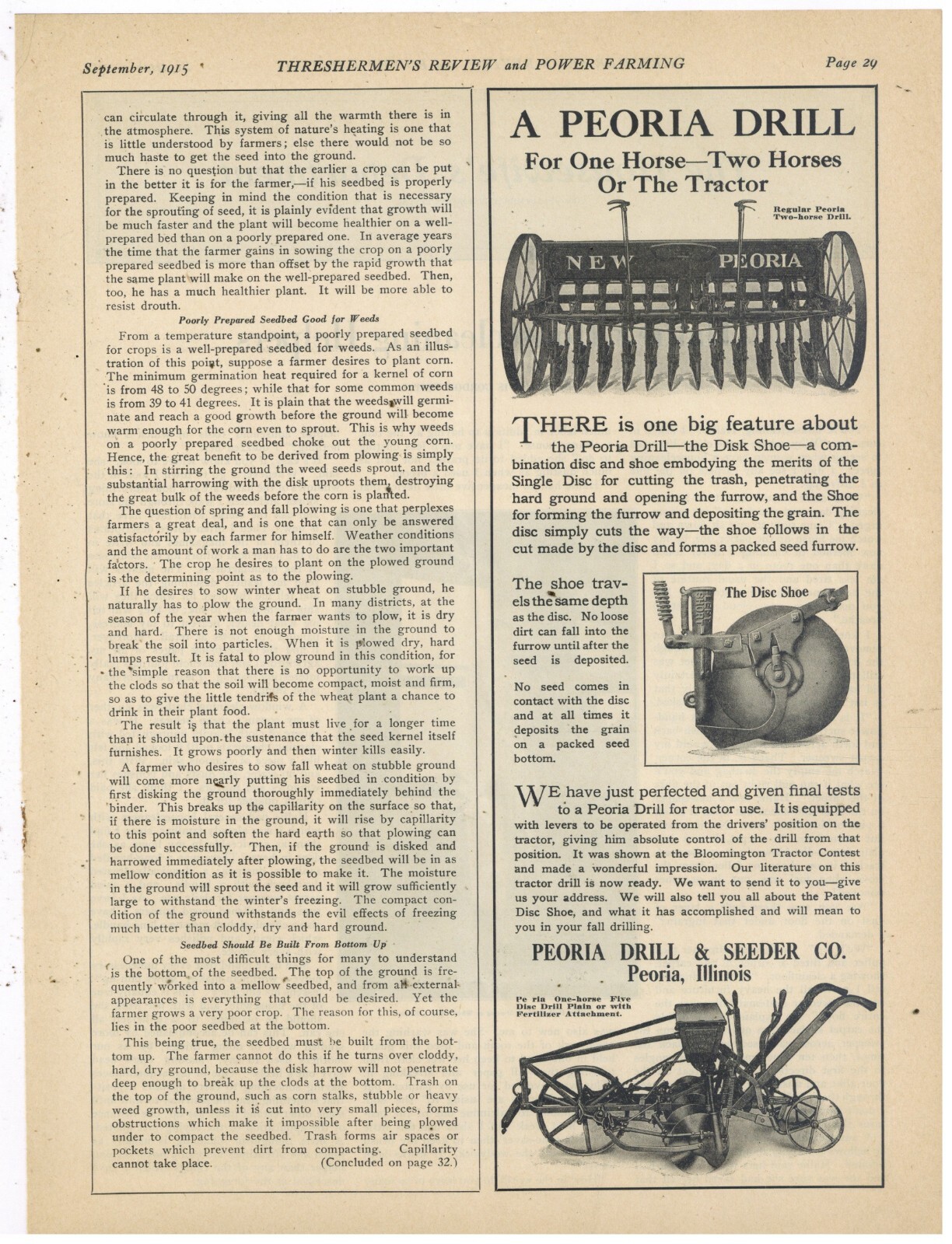 1915 Peoria Drill & Seeder Co. Ad: Two & One Horse Drill Pics – Peoria Illinois