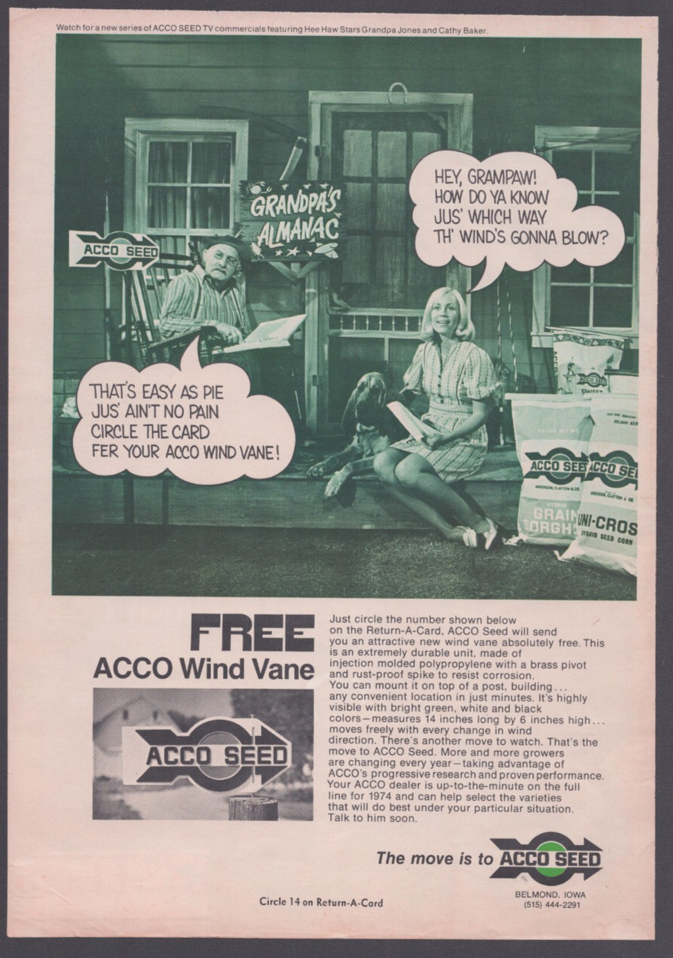 1973 Print Ad Acco Seed Wind Vane Offer Hee-Haw Grandpa’s Almanac Bloodhound