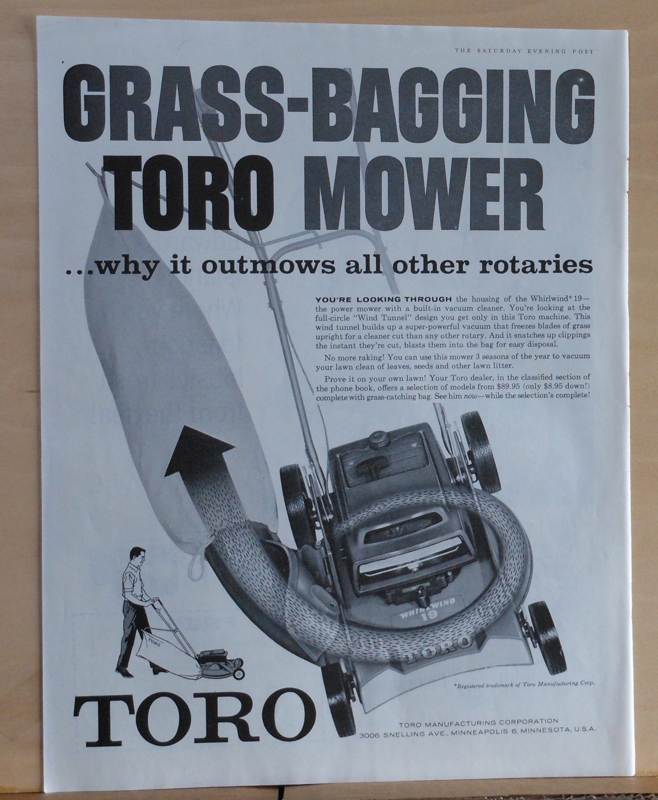 1960 magazine ad for Toro lawn mowers – Grass bagging, outlaws all others