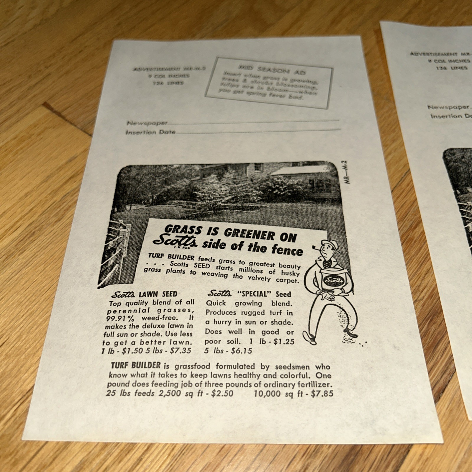 1940s O.M SCOTT & SONS CO Newspaper Mat Ad SCOTT’S GREEN GRASS Marysville OHIO