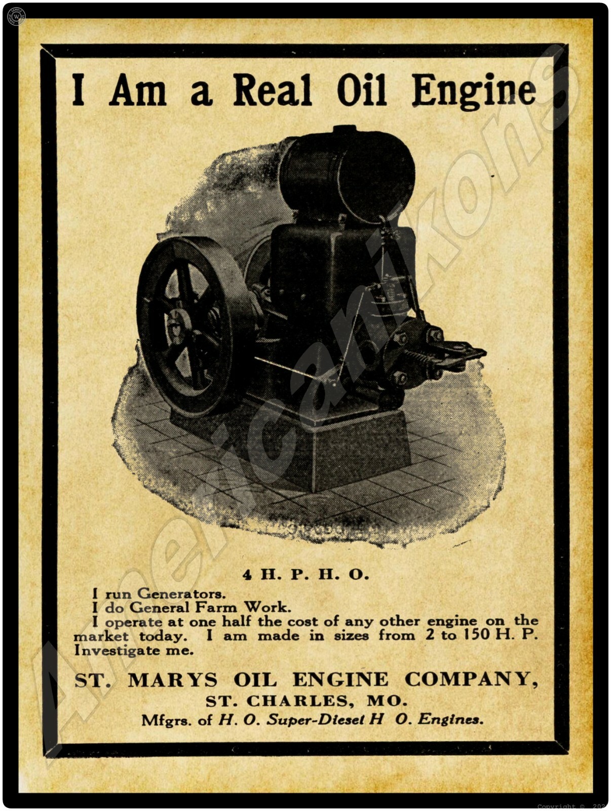1916 St. Marys Oil Engine Company New Metal Sign: St. Charles, Missouri