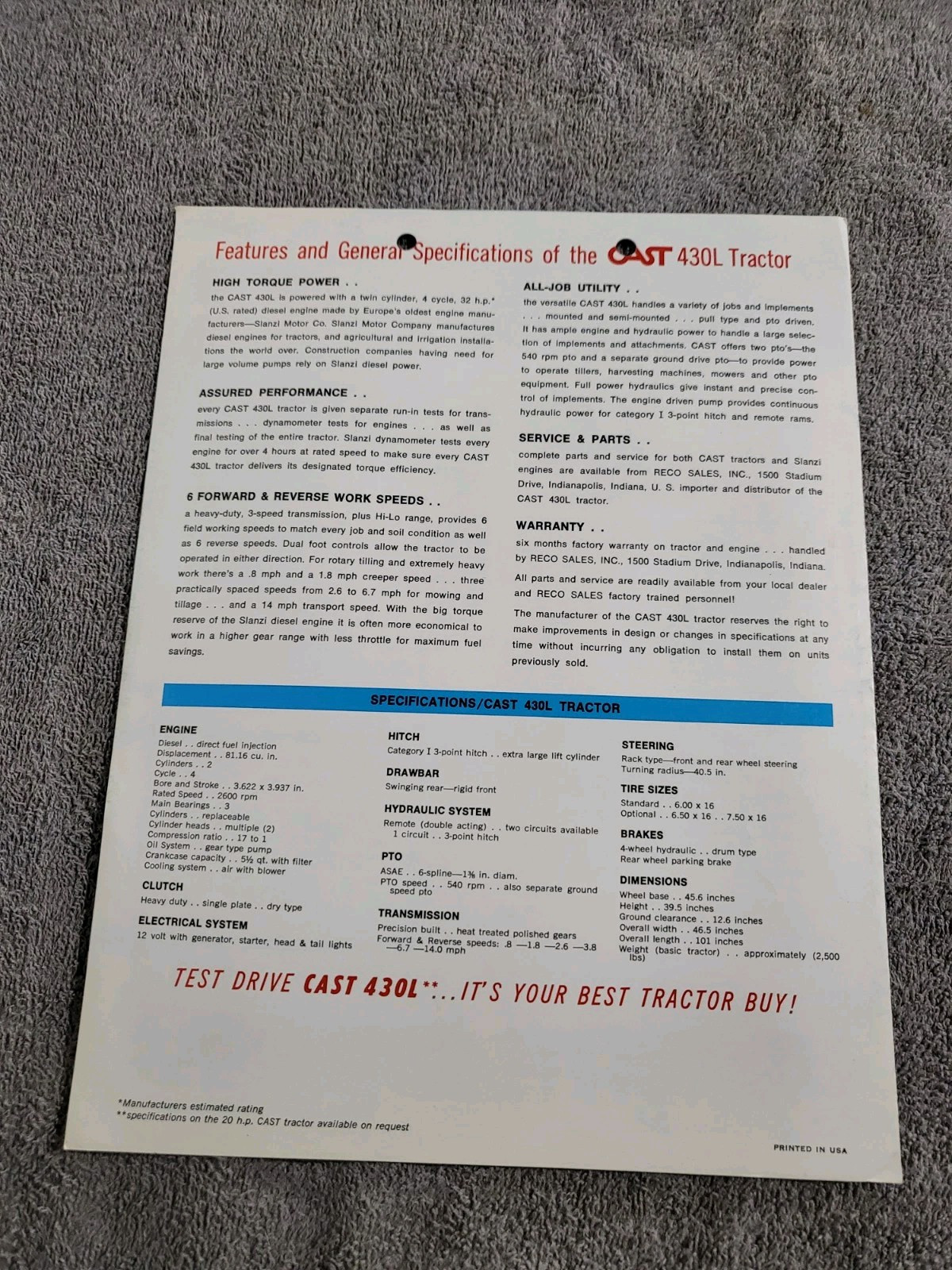 Vintage 1960’s CAST 430L RECO 4WD TRACTOR BROCHURE Slanzi Diesel Engine L-Z Co.