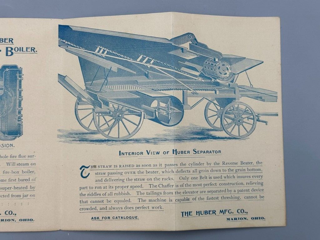 1880s HUBER ENGINE Farm THRESHER Advertise 4-Panel Folding Trade Card MARION OH