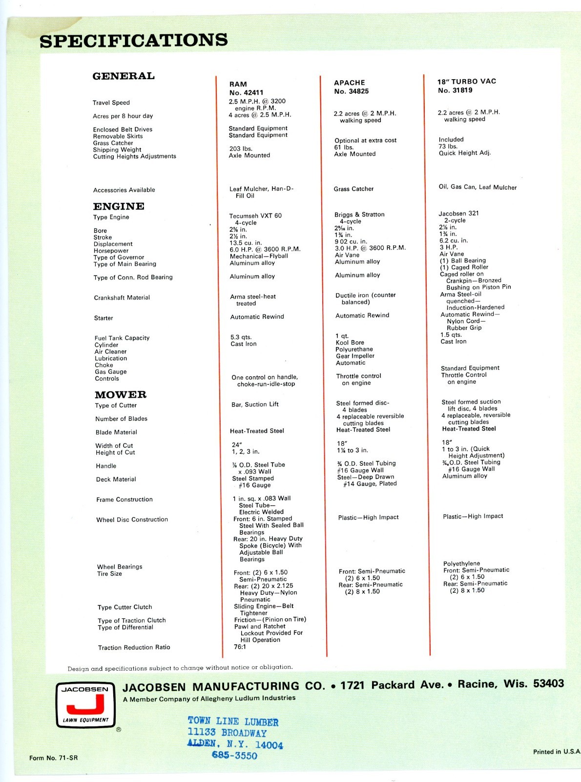1971 Jacobsen Ram Apace and Turbo-Vac lawn mower brochure Jacobsen Man’f Co