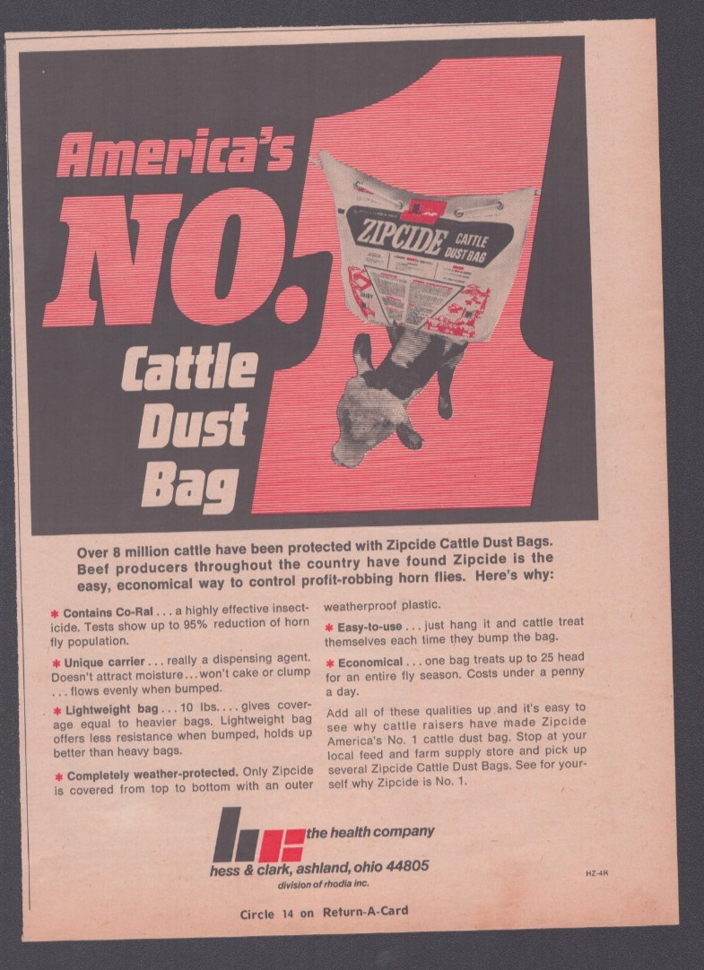 1972 Print Ad Hess & Clark Ashland OH Zipcide America’s No 1 Cattle Dust Bag