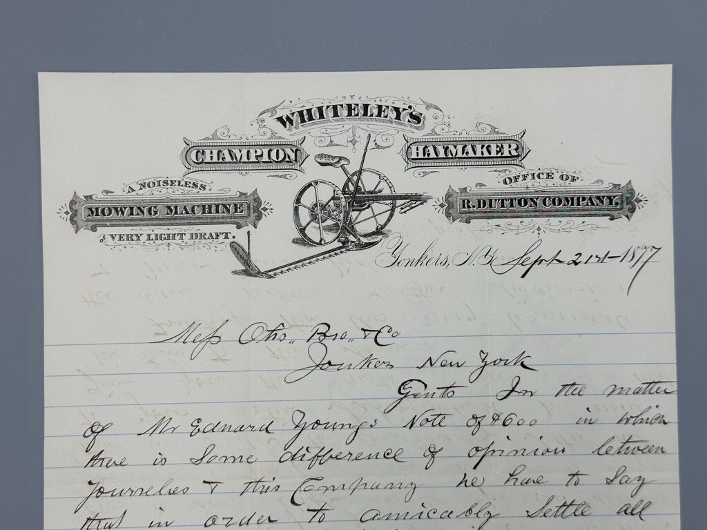 1877 WHITELEY’s CHAMPION HAYMAKER Mower FARM ADVERTISING Letterhead YONKERS NY