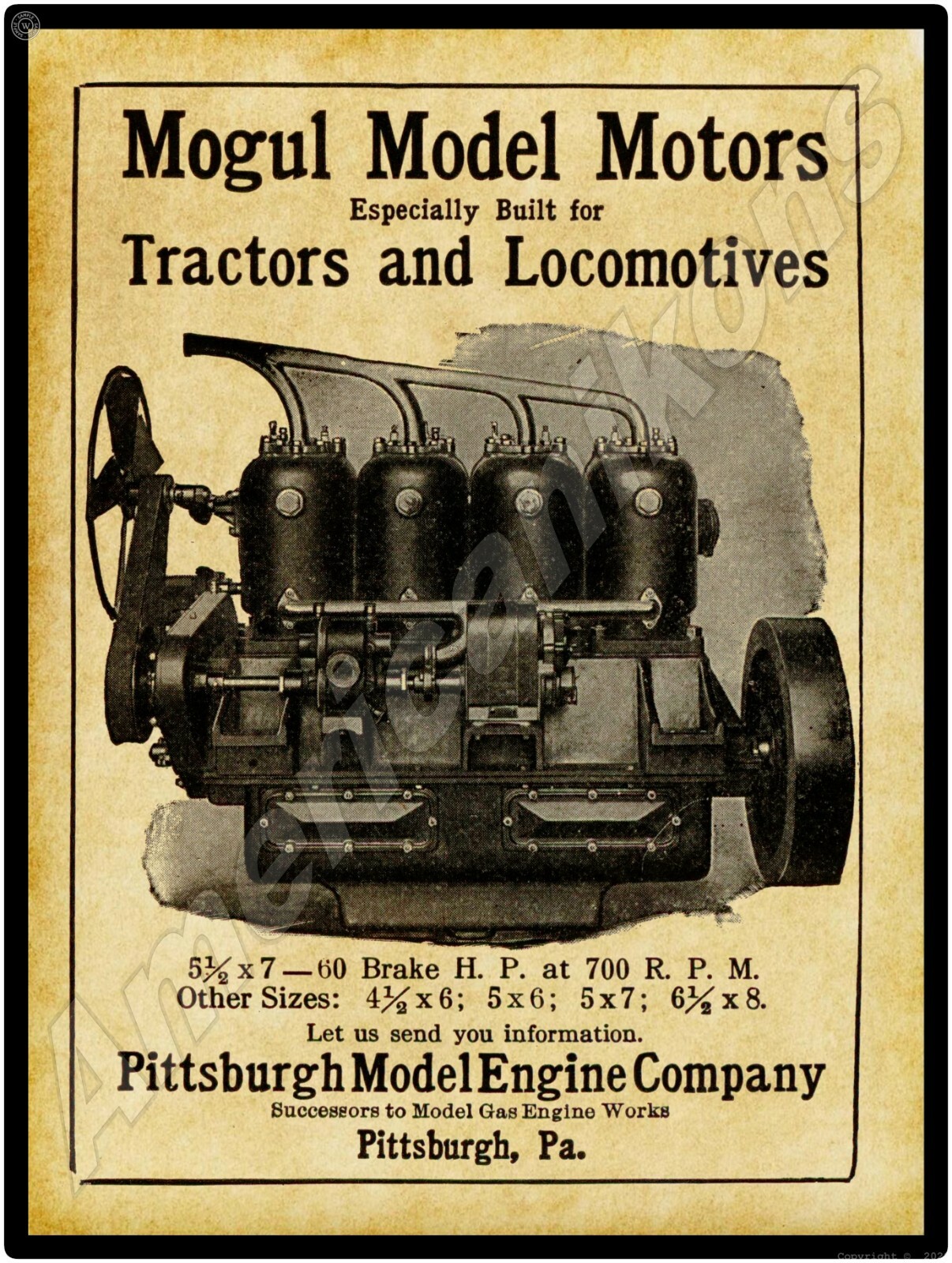 1915 Pittsburgh Model Engine Co Gas Engines New Metal Sign: LARGE SIZE 12 x 16