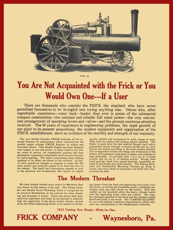 1912 Frick Co. of Waynesboro, PA Steam Engine, Thresher NEW METAL SIGN: 9×12″