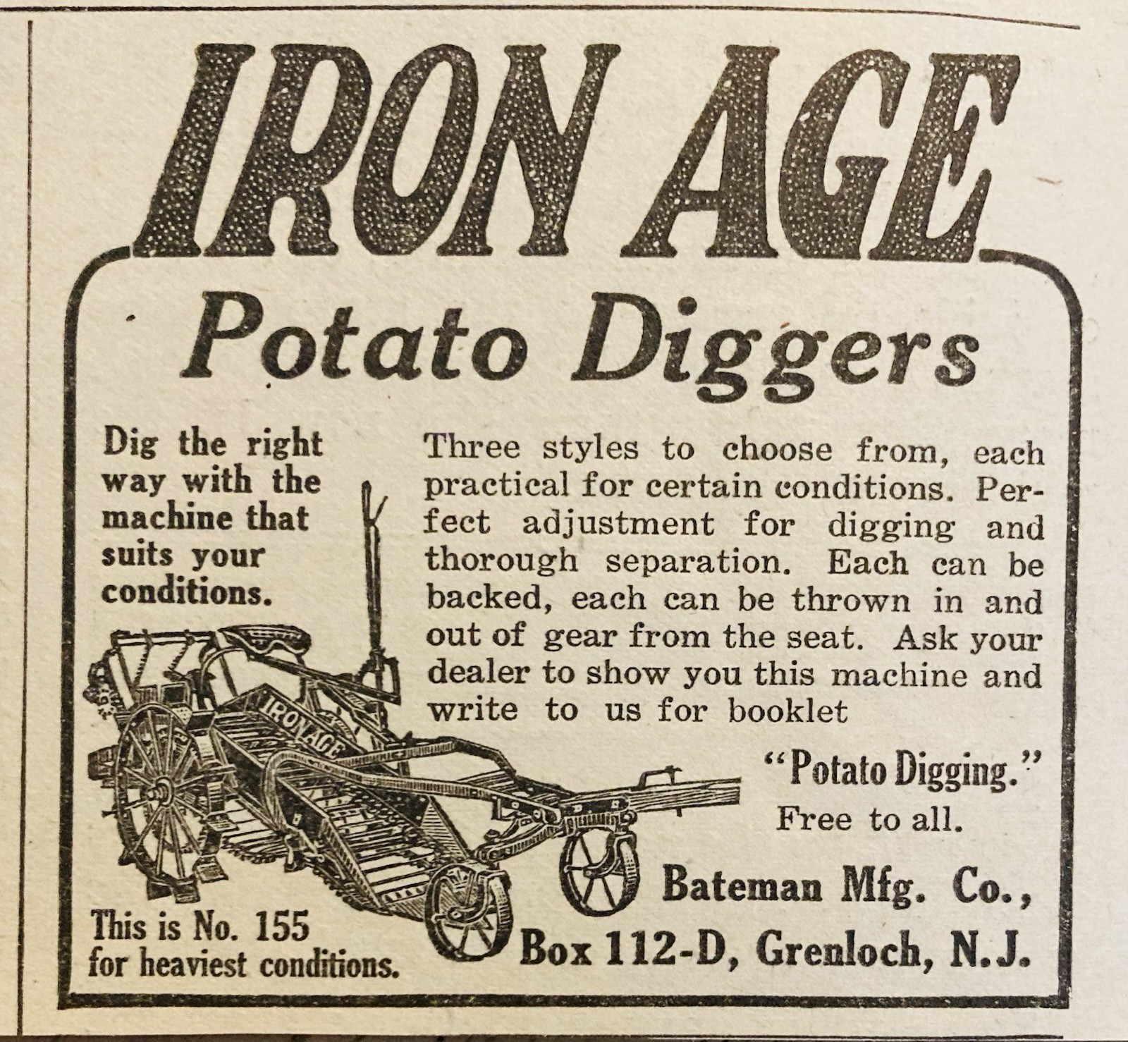 1912 AD.(XH87)~BATEMAN MFG. CO. GRENLOCH, NJ. IRON AGE POTATO DIGGERS