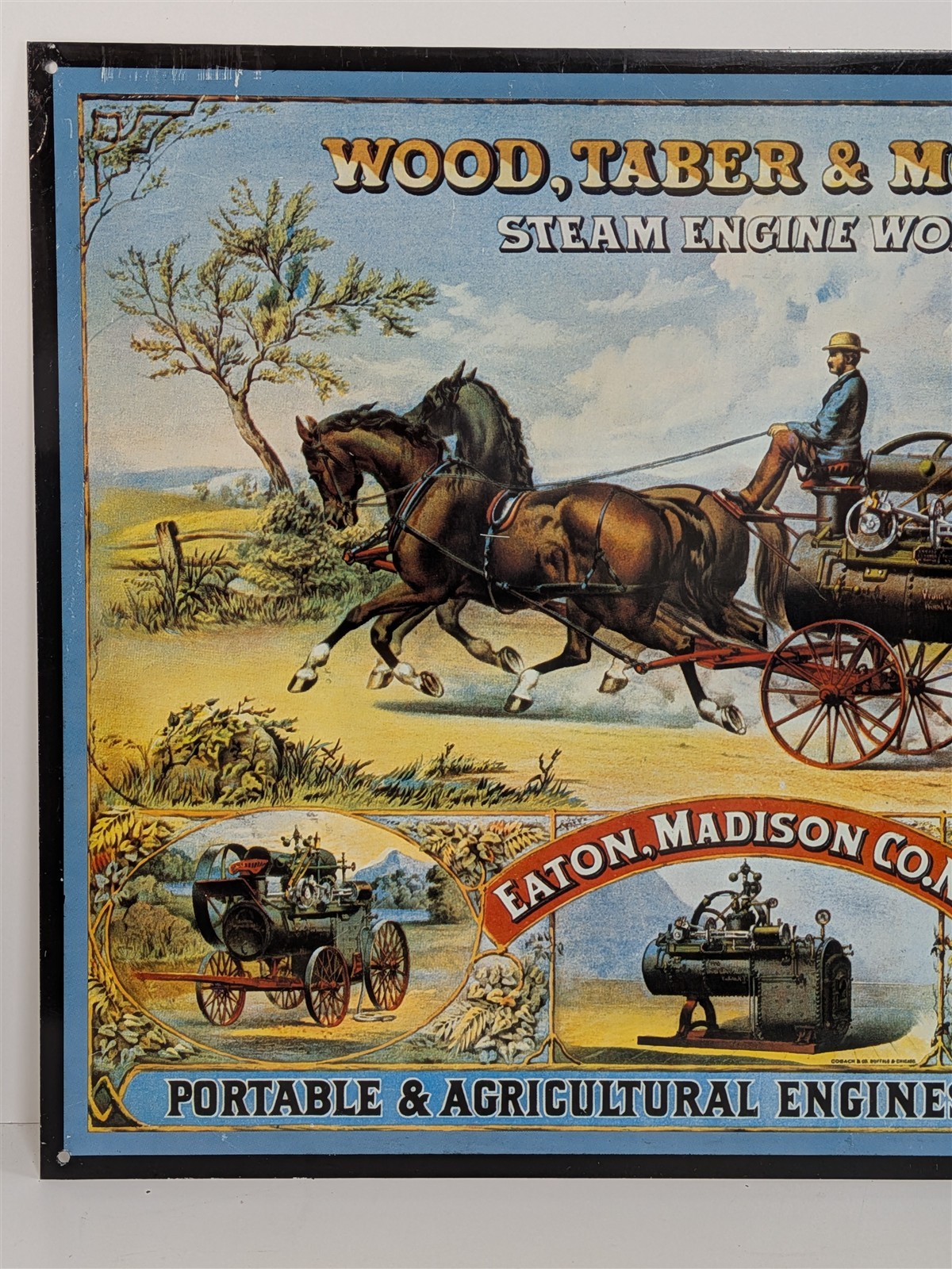 Wood, Taber & Morse’s Steam Engine Works 14-7/8″ Tin Sign Repro