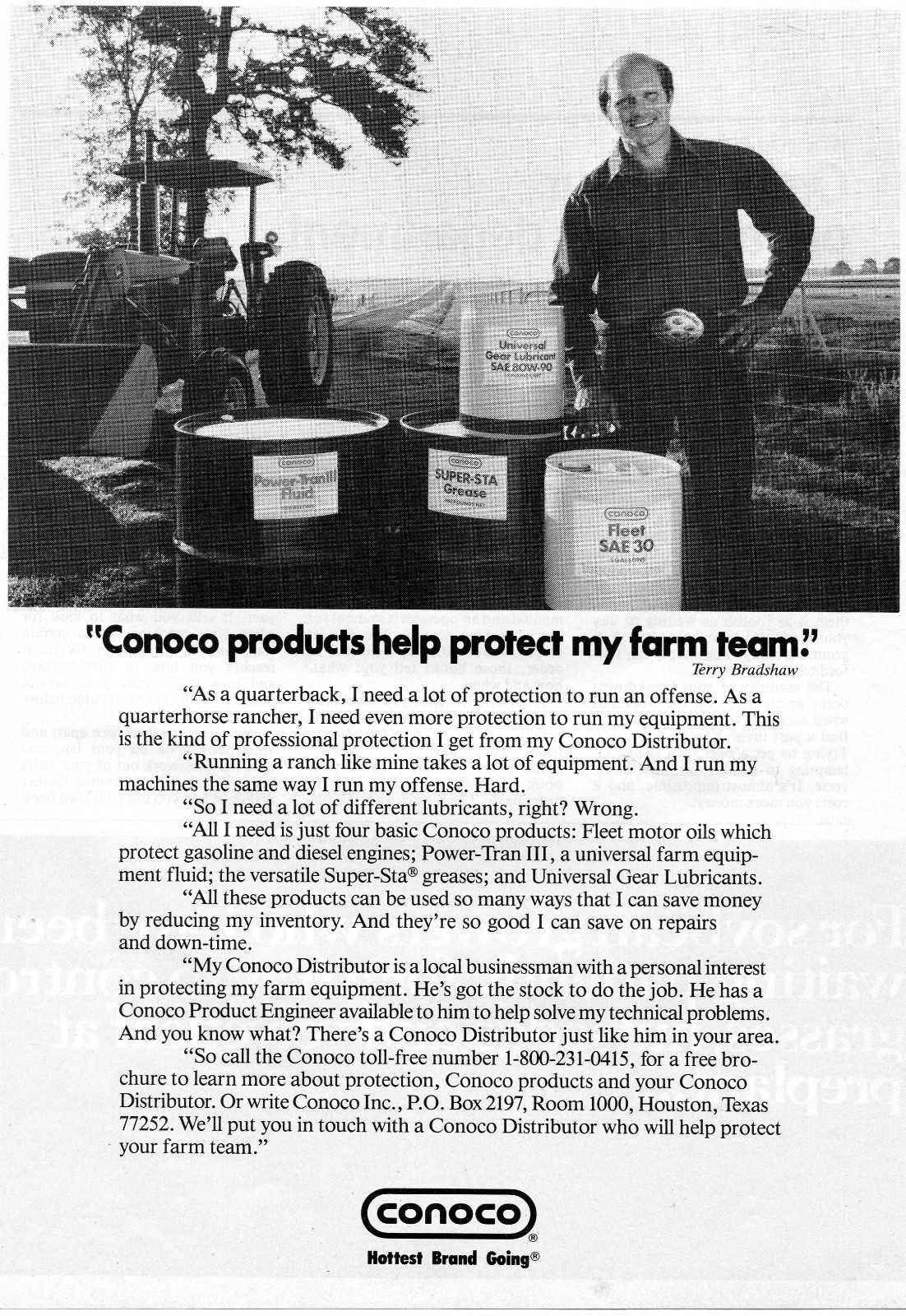1984 Conoco Fleet Tractor Motor Oil w Terry Bradshaw Print Ad