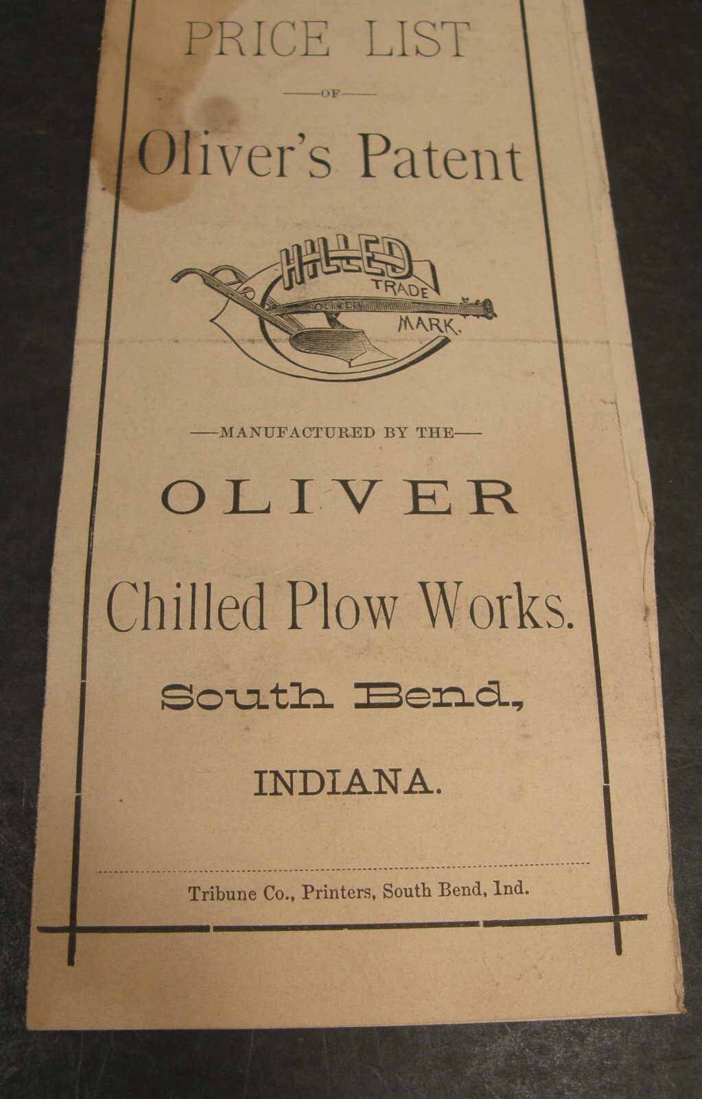 ANTIQUE 1883 PRICE LIST OLIVER AGRICULTURAL PLOW WORKS SOUTH BEND INDIANA