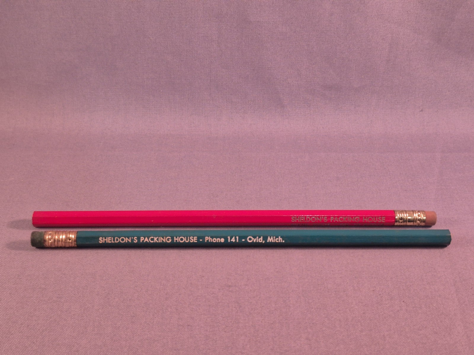 Vintage Pencil Sheldon’s Meat Packing House Ovid MI Green Red Advertisement