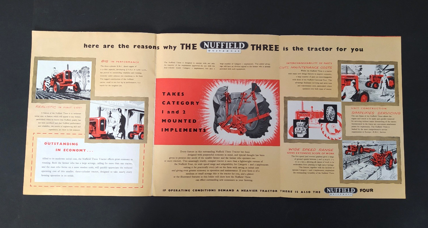 VINTAGE NUFFIELD THREE UNIVERSAL TRACTOR BROCHURE -POSTER 1950’s