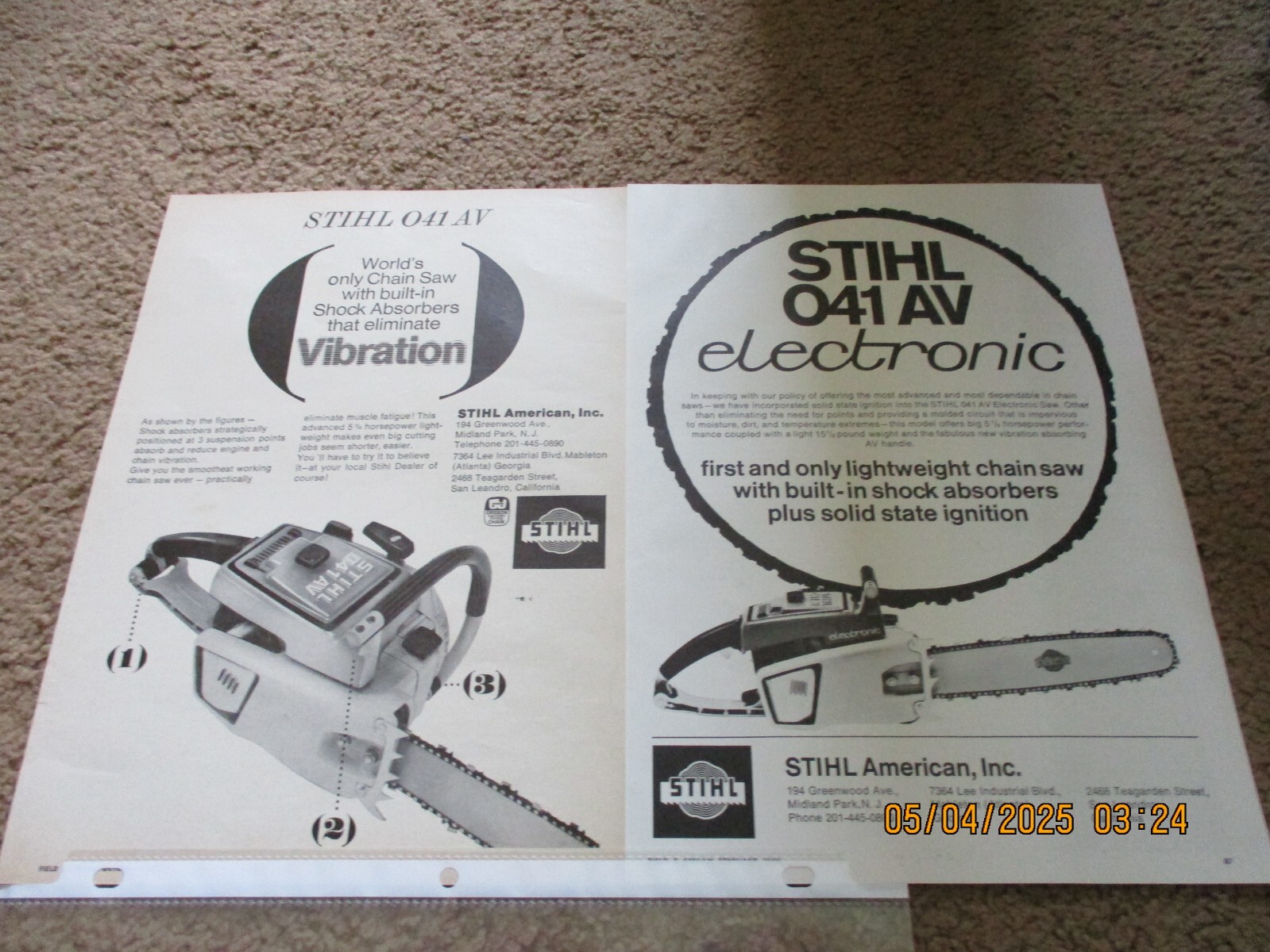 1968 1969 STIHL 041 AV ElectronicChainsaw Ads: 2, 7.5 x 11″, smoke free