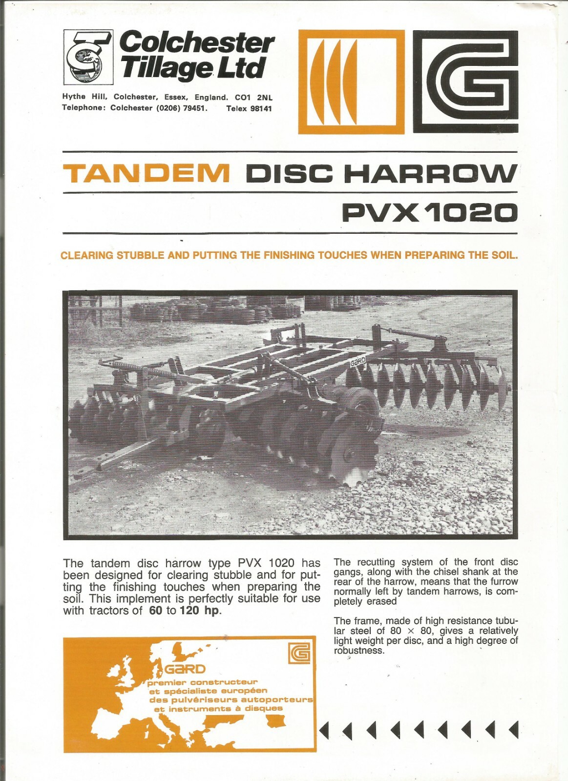 Original Gard PVX1020 Tandem Disc Harrow Dealer Sales Brochure 1 Page Spec Sheet