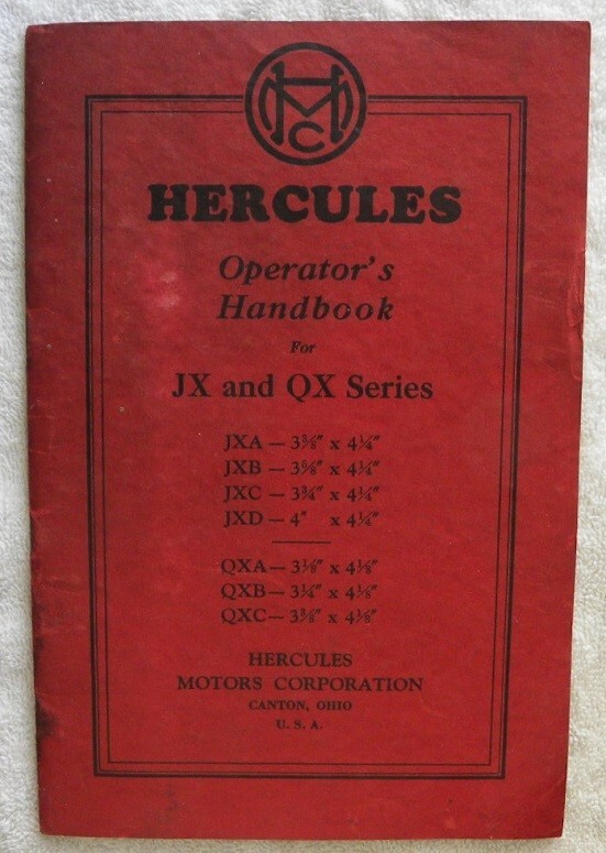 Original 1938 Hercules Operator’s Handbook for JX & QX Series Motors