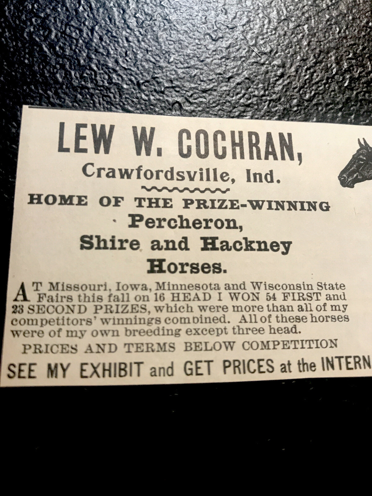 1903 Lew W. Cochran Horse Advertising – Crawfordsville – Indiana