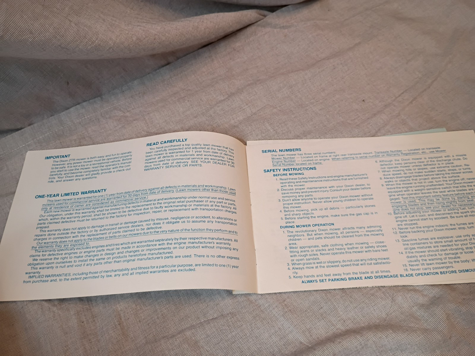 Dixon Zero Turn Mower ZTR-426 Operator’s manual and repair sheets VTG