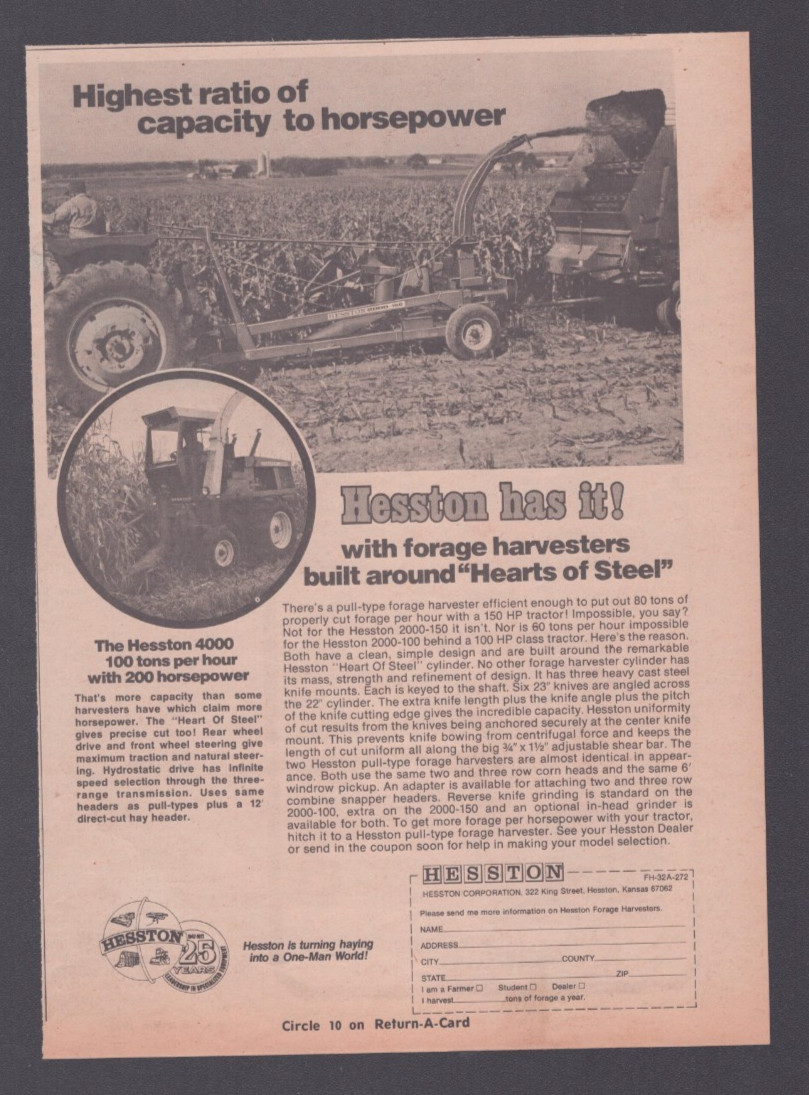 1972 Print Ad Hesston Forage Harvesters Kansas Highest Ratio of Capacity