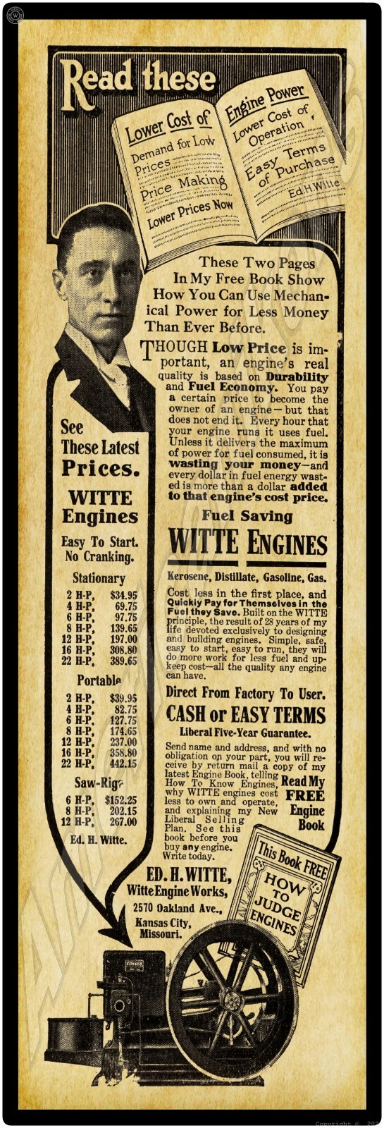 1915 Witte Gas Engine Works New Metal Sign: 6 x 18″ – Kansas City, Missouri