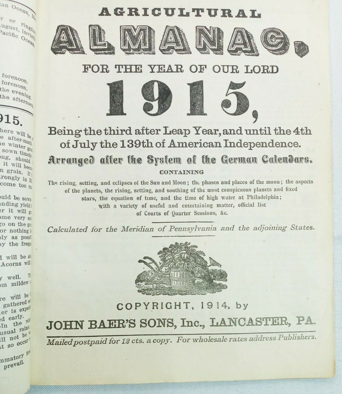 Vintage 1915 John Bear Baer’s Agricultural Almanac Lancaster PA Antique Farmers