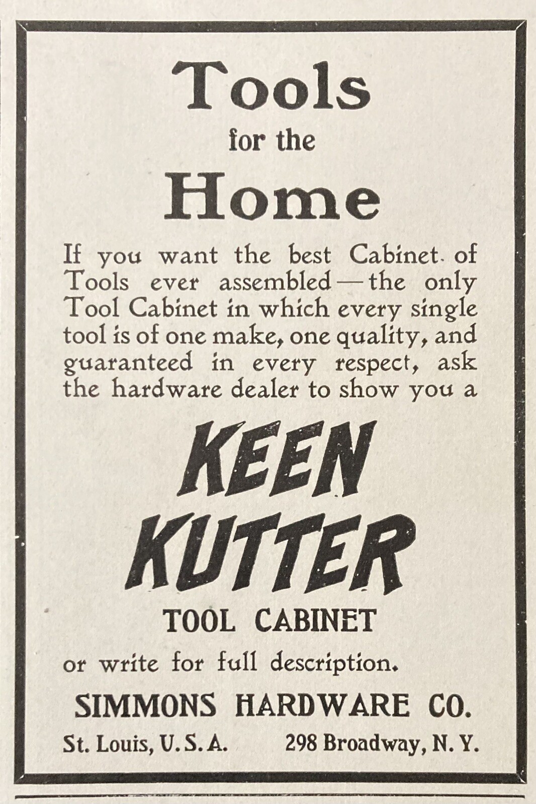1905 AD.(XH68)~SIMMONS HARDWARE CO. ST. LOUIS, MO. KEEN KUTTER TOOL CABINET