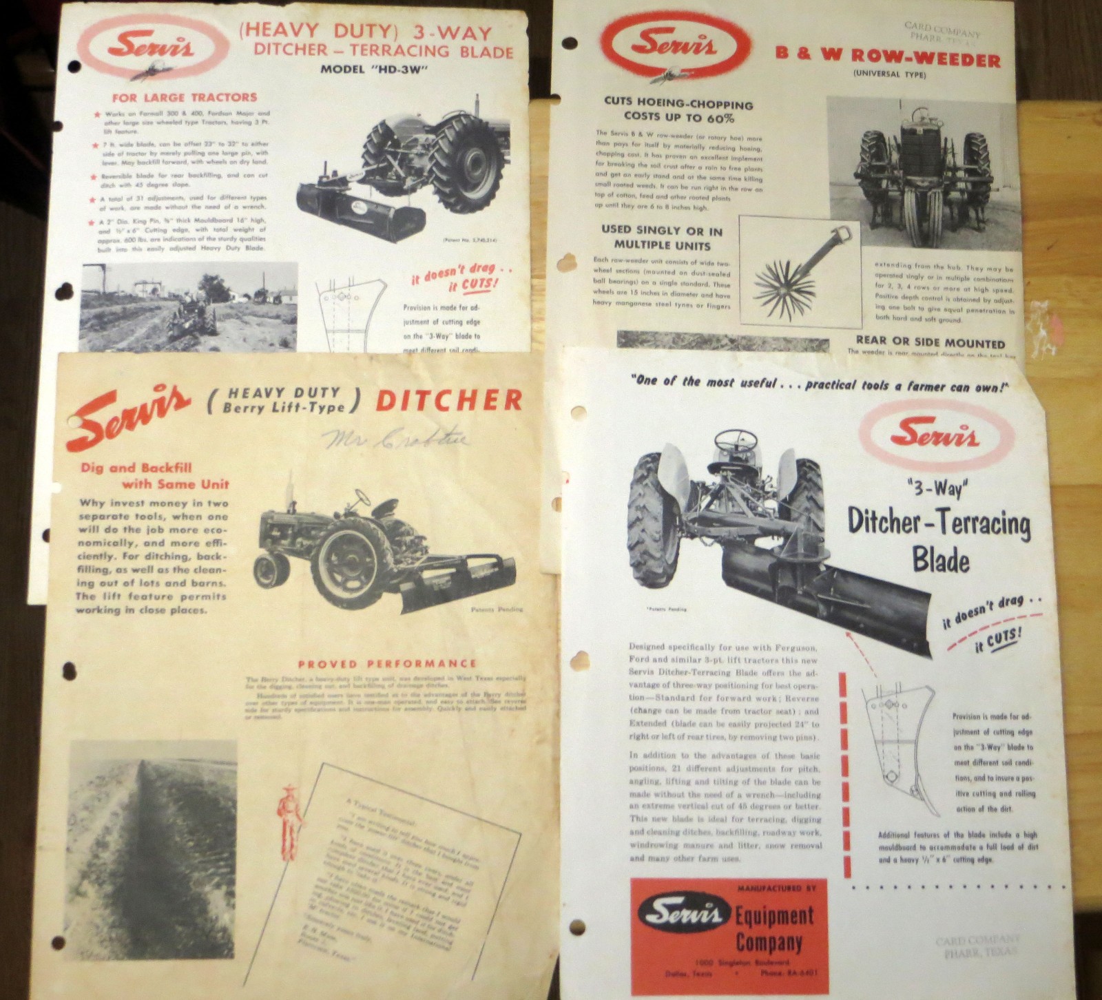 Vintage SERVIS Farm Tractor Implement Sales Brochures – Ditcher – Weeder -1940’s
